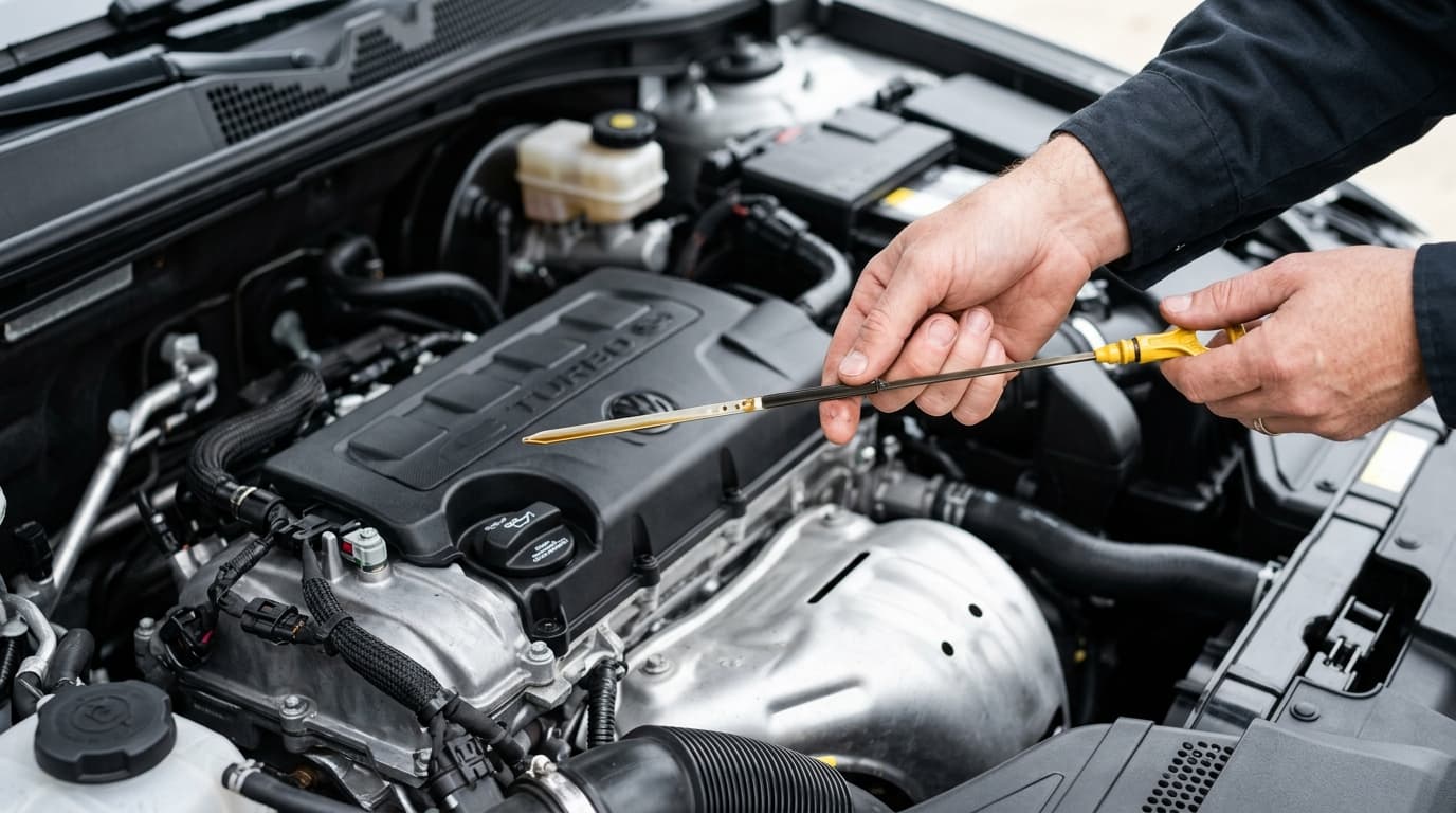 Checking engine oil level with a dipstick in a car engine bay
