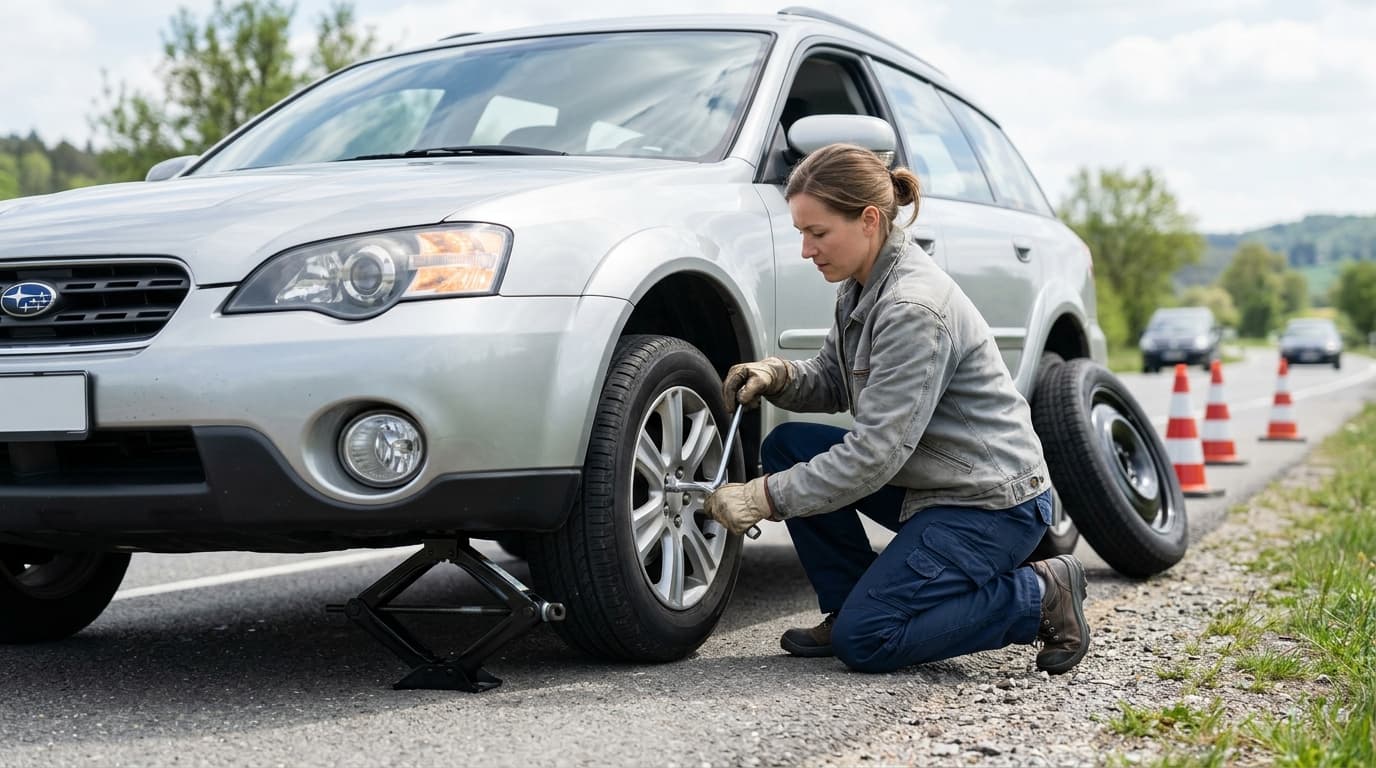 Safely changing a flat car tyre on the roadside using a jack