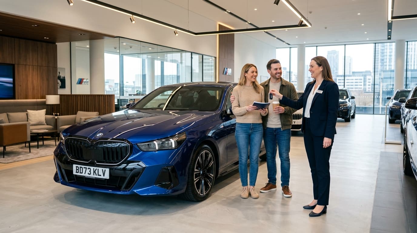 Newly purchased car handover at a dealership showroom