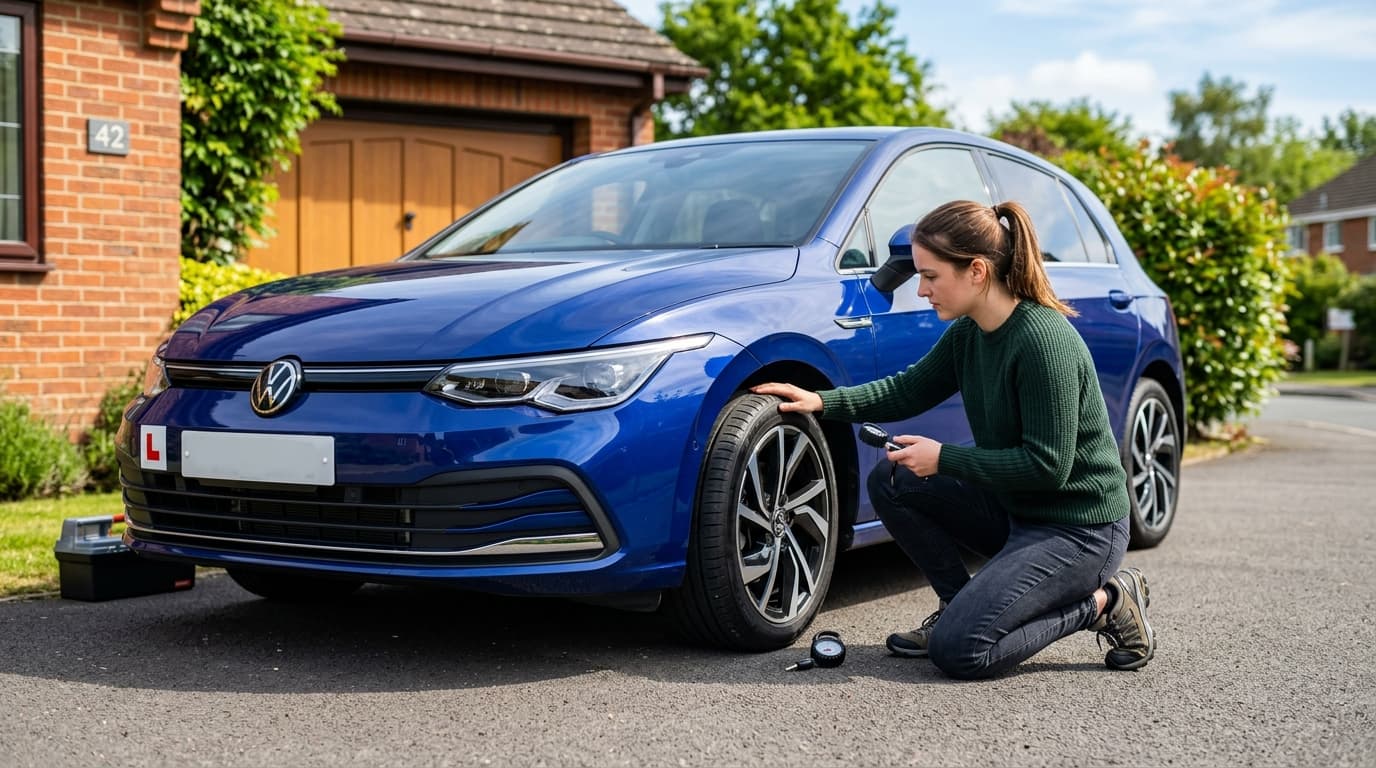New driver checking tyres on their car before setting off